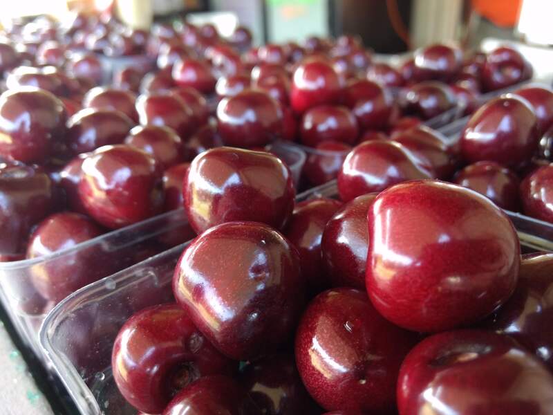 Shelf full of dark sweet cherries in clear quart boxes